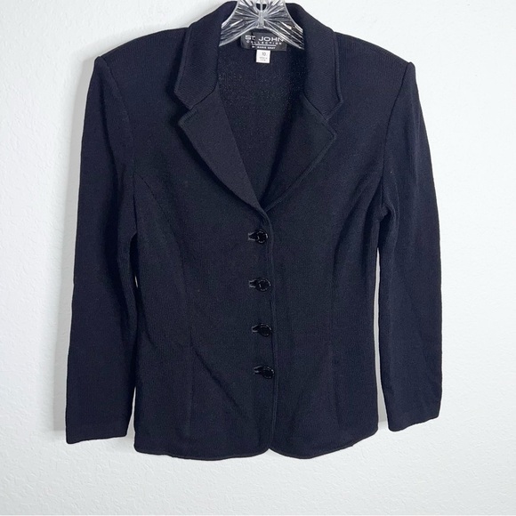 St. John Blazer Women 10 Santana Knit Black Button Down Jacket C2 - Picture 1 of 9